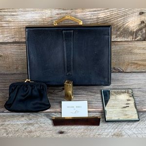 Vintage Evans Art Deco Black Leather Clutch Handbag + Mini & 3 Accessories Rare